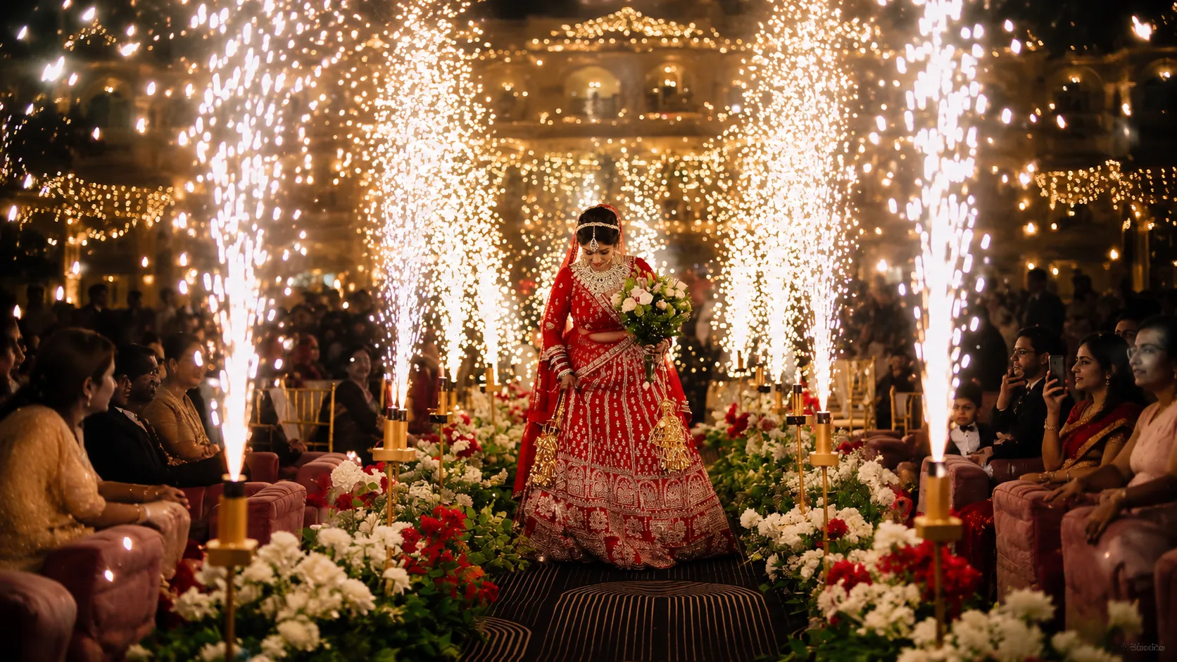 Luxury bridal entry with floral canopy, cold pyrotechnics, and royal wedding décor for a 2026 Indian wedding