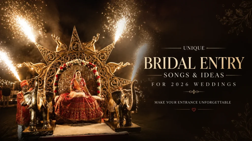 Luxury bridal entry with floral canopy, cold pyrotechnics, and royal wedding décor for a 2026 Indian wedding