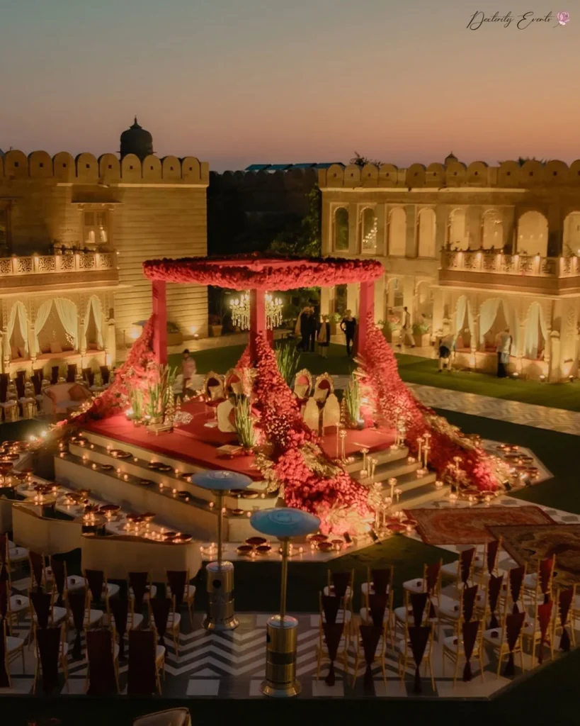 Luxury outdoor Haldi ceremony decoration with marigold flowers and floral backdrop for Indian weddings in 2026