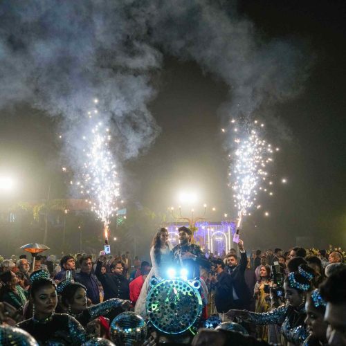 Luxurious outdoor wedding setup with fairy lights at a resort near Siliguri.